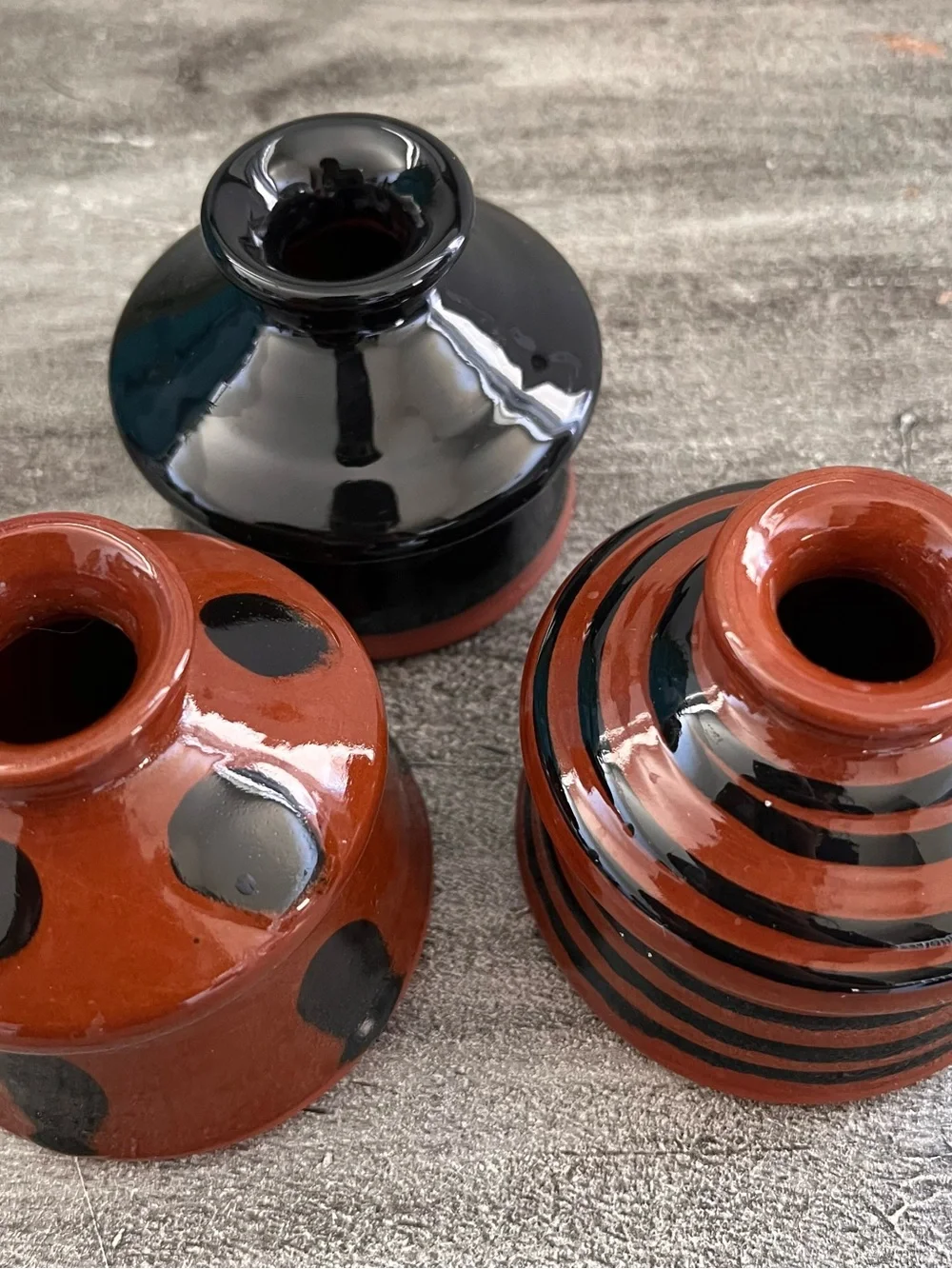 Set Of 3 Vintage Handthrown Redware Ceramic Inkwell or Vase Signed Nutt, MEL